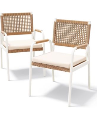 2Pcss Patio Wicker Chairs, Outdoor Rattan Dining Chairs with Cushions & Metal Legs, Balcony Rattan Armchairs for Outdoor Lawn Balcony Backyard