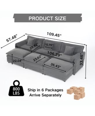 Oversized Deep Seat Sectional Cloud Sofa Sleeper with 3 Ottomans & Soft Pillows, Modular Couch Bed, DIY Combination