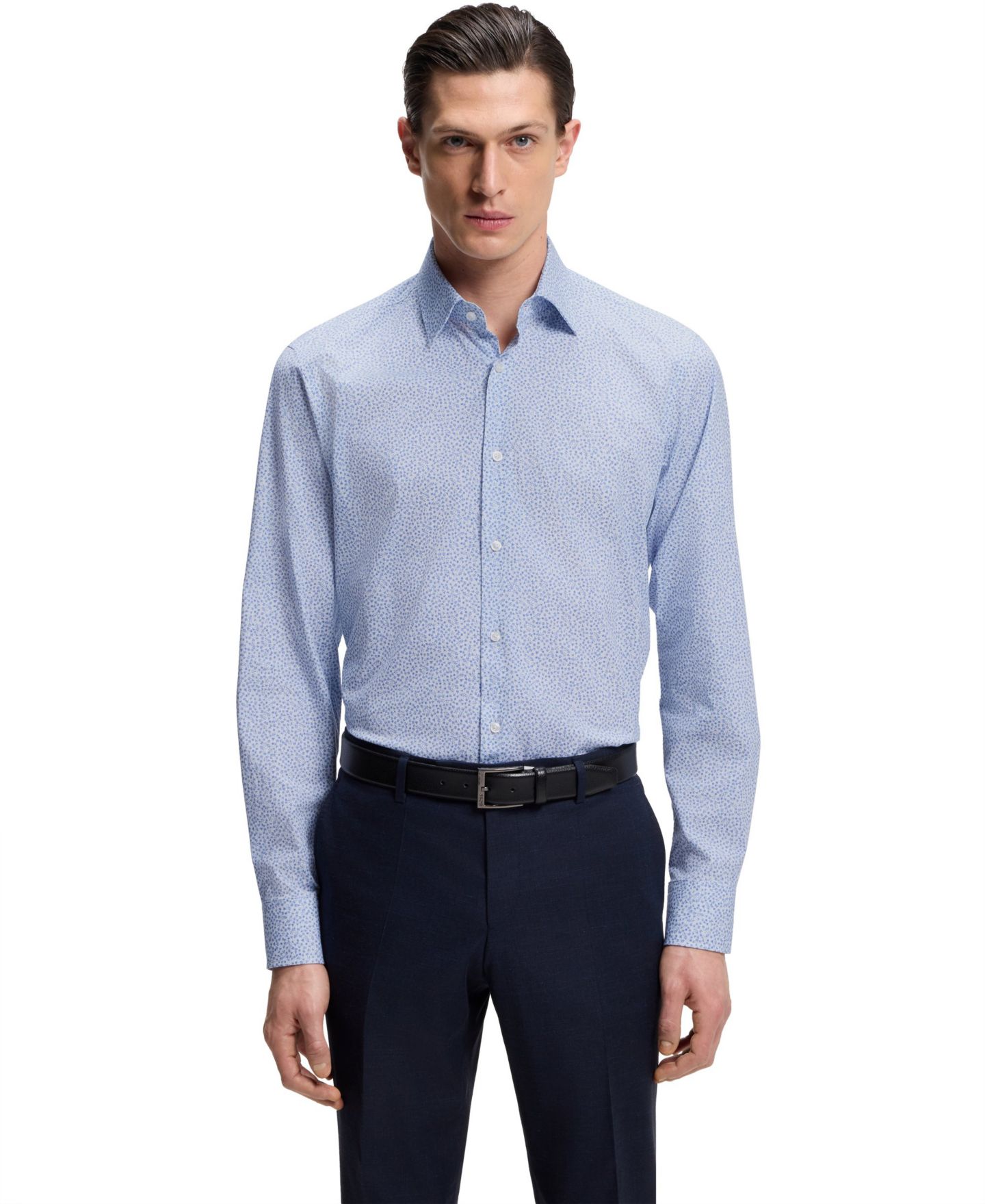Мужская рубашка Hugo Boss Printed Stretch Cotton Regular-Fit Dress Shirt, цвет: Синий — фото 1