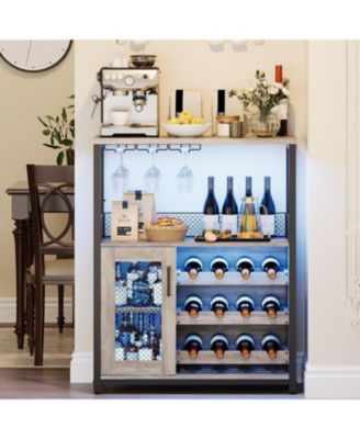 3-Tier Wine Bar Cabinet with LED Detachable - Buffet Cabinet with Glass Holder and Mesh Door for Kitchen Living Room and Bar