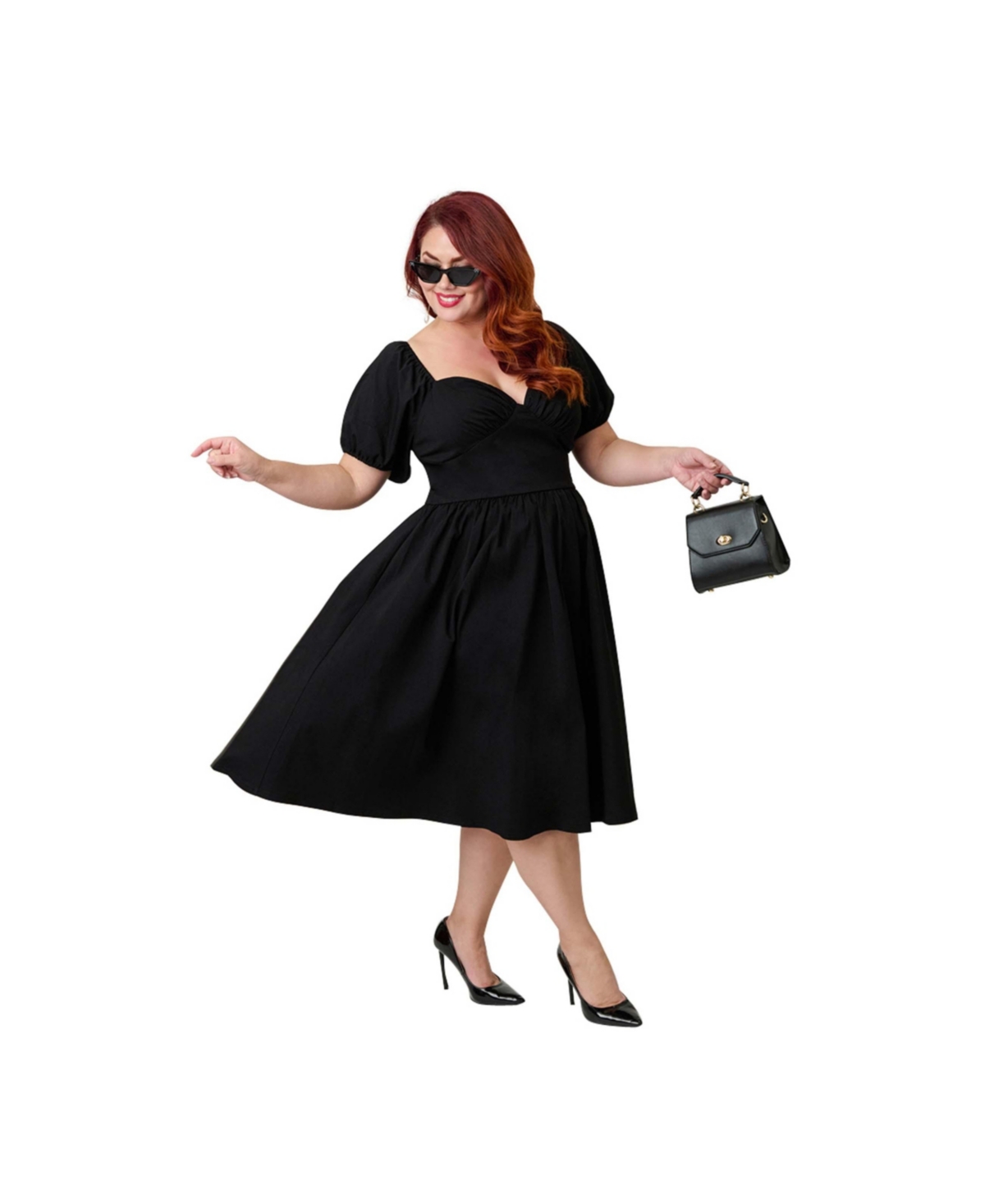 Unique Vintage Women's Plus Sweetheart Puff Sleeve Swing Dress