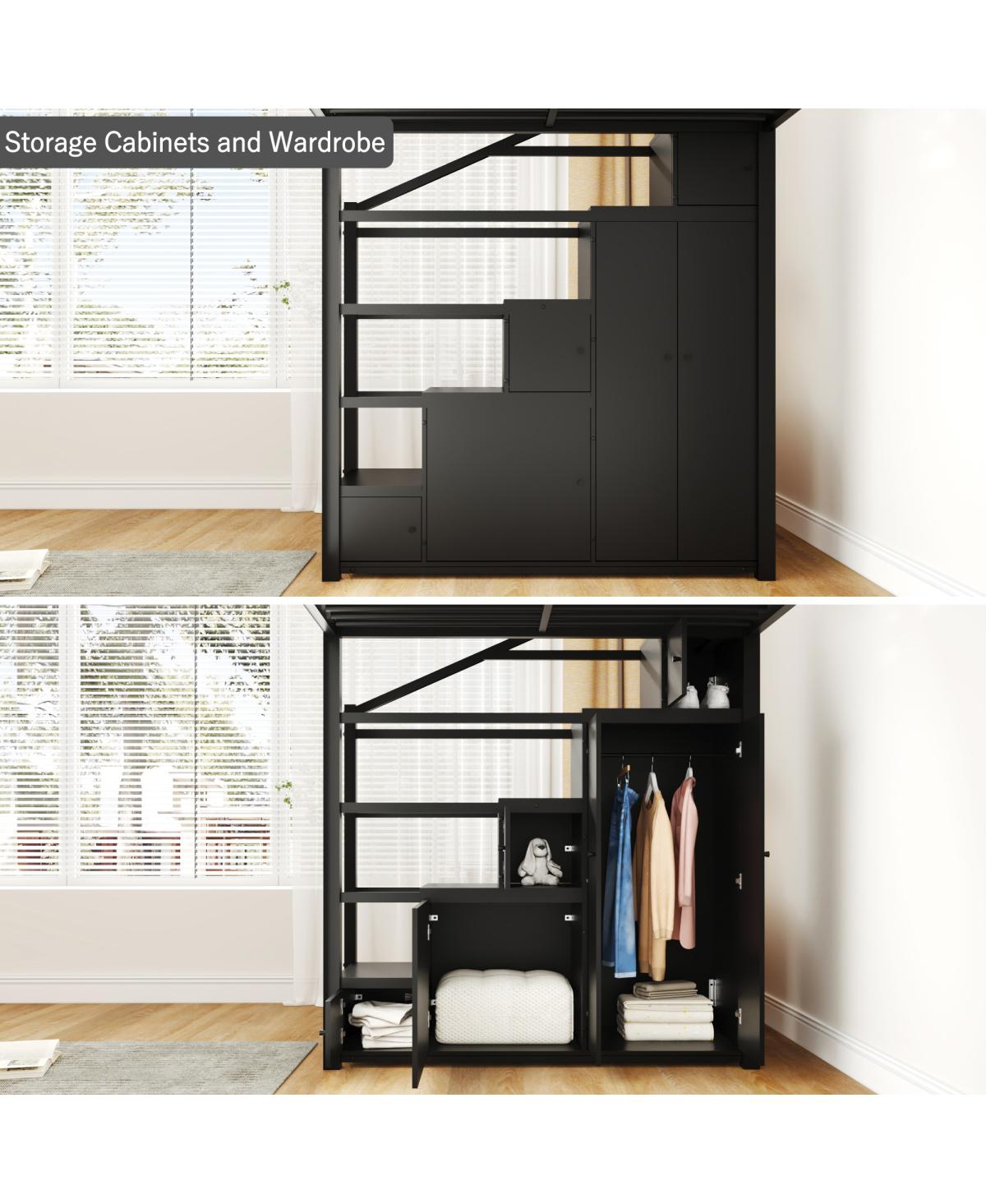 Streamdale Furniture Queen Size Metal Loft Bed with Storage Shelves, Cabinets and Wardrobe