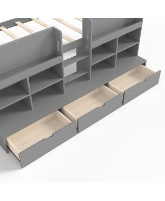 Twin XL Loft Bed w/ Multi-Storage Shelves, Curtain & Chalkboard