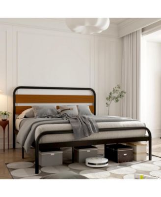 King Bed Frame with Wood Headboard, Mid-Century Modern Bed Frame, Metal Platform Bed Frame/No Box Spring Needed/Noise-Free