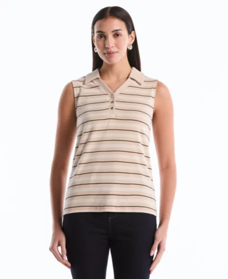 Petite Stripe Sleeveless Polo Top - Moonlight