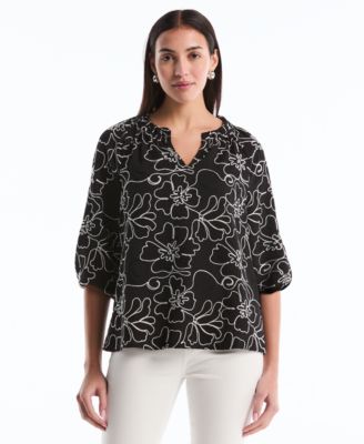 Petite Floral Embroidered 3/4-Sleeve Blouse