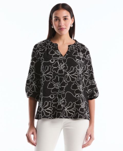 Женская блузка Rafaella Petite Floral Embroidered 3/4-Sleeve, цвет: Чёрный