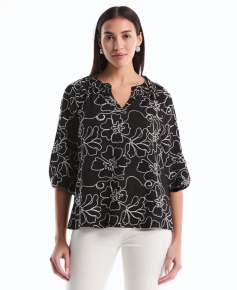 Petite Floral Embroidered 3/4-Sleeve Blouse - Black