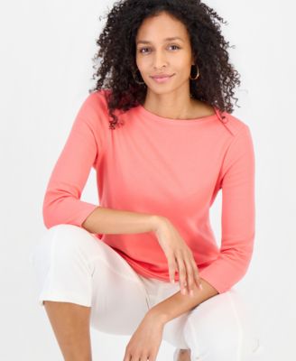 Women's Petite Pima Cotton 3/4-Sleeve Boat-Neck Top