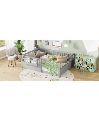 Streamdale Full Floor Bed with Fence and Bookshelf, Wood Kids Floor Bed, Gray.