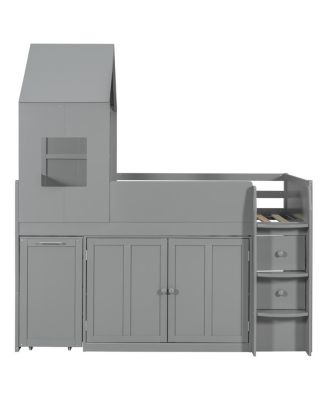 Twin Size Wooden Loft Bed with Desk, Drawers,Cabinets