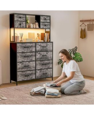 Dresser for Bedroom Drawer Fabric Chest with LED Lighting, Power Outlet and Open Shelves, Wood Top & Metal Frame for Bedroom, Hallway