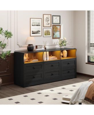 Drawer Wooden Dresser with RGB Lights and Power Outlet