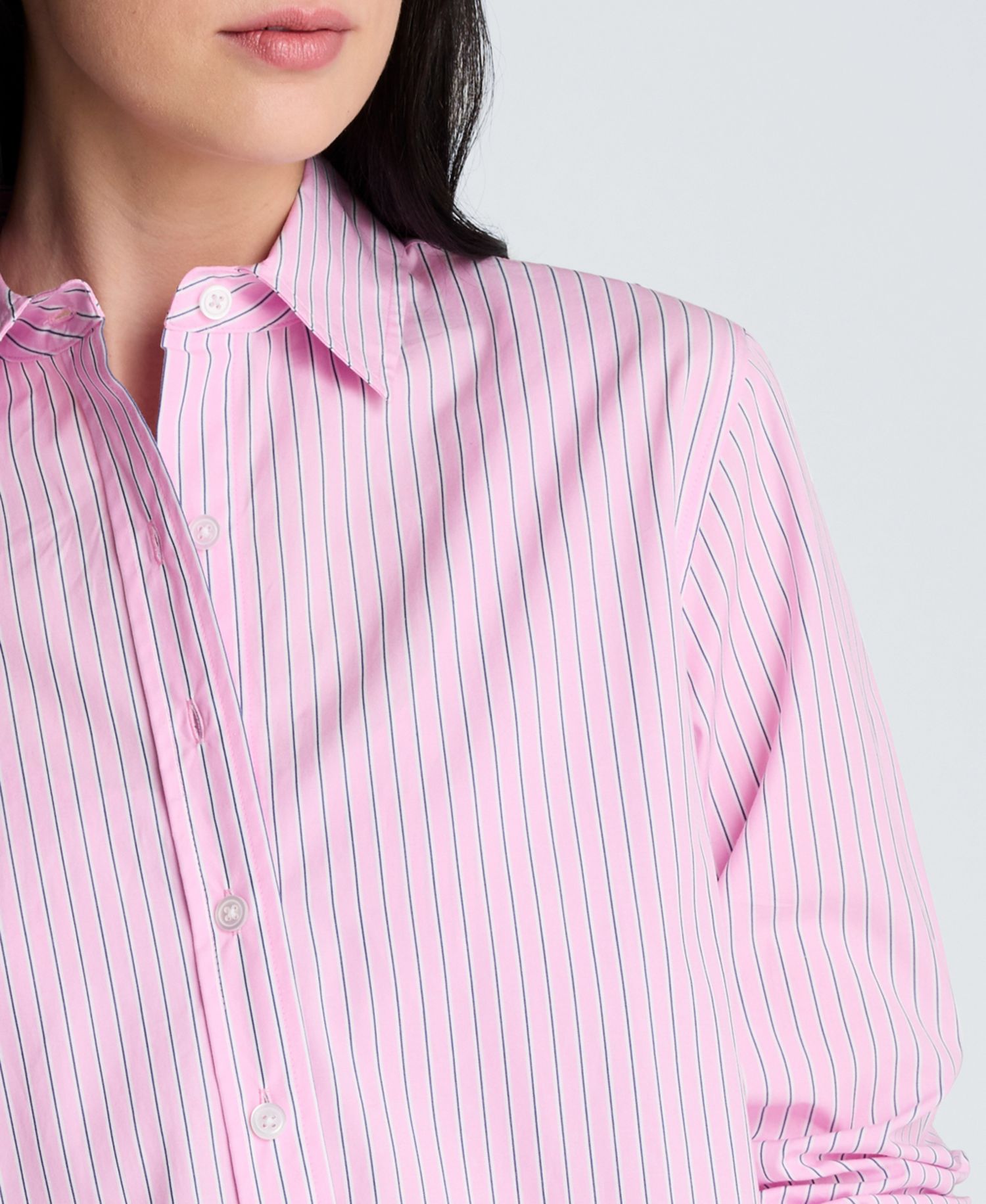 Striped Poplin Cropped Long Sleeve Button Front Shirt
