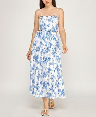 Juniors' Sleeveless Scallop Trim Slim Midi Dress