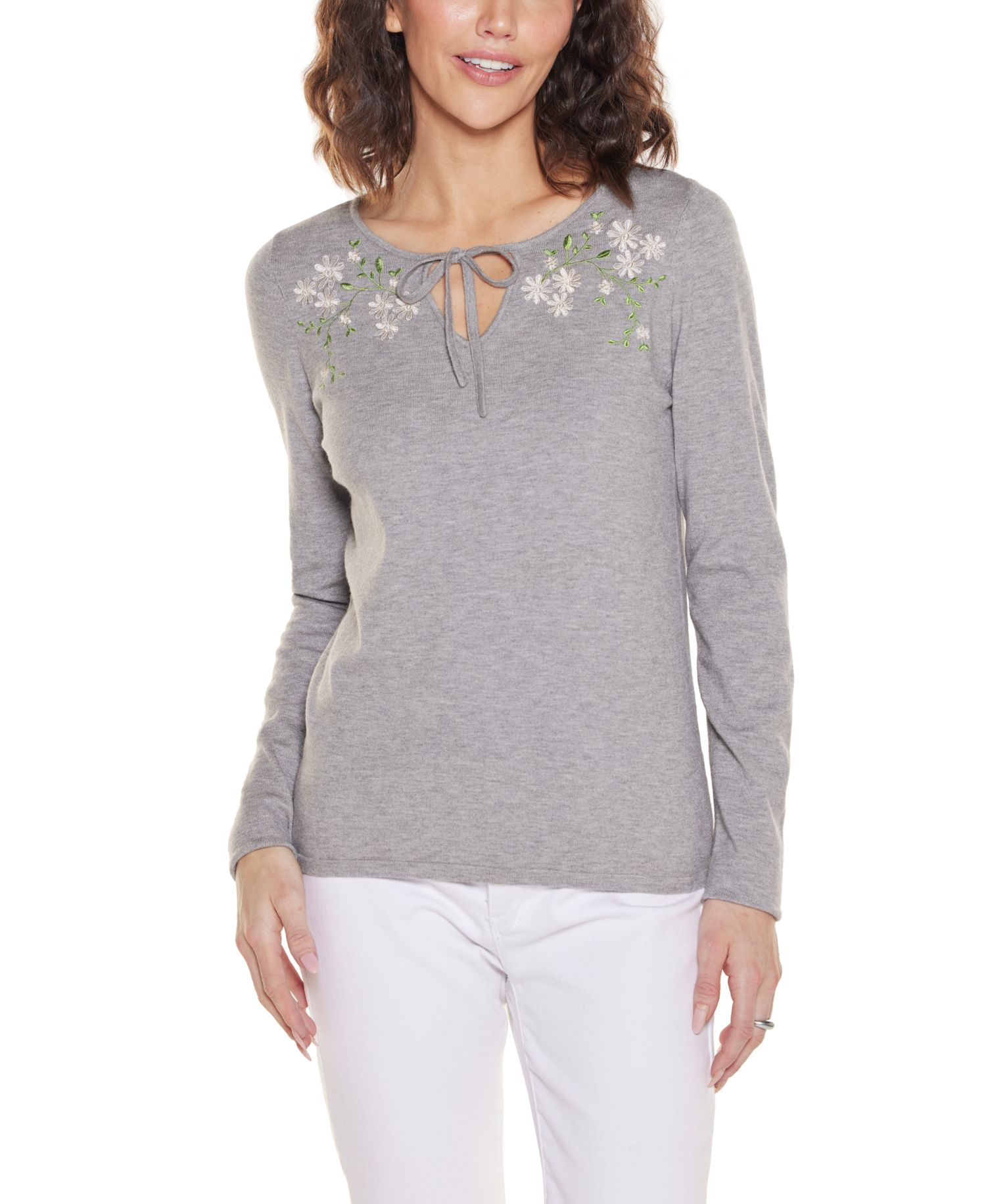 Women's Embroidered Flower Split-Neck Sweater
