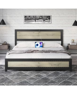 Size Bed Frame with Headboard, Industrial Platform Bed Frame with Charge Station, No Box Spring Needed