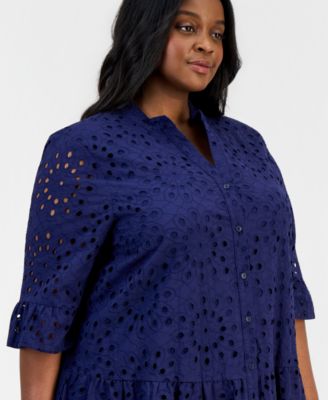 Plus Size Cotton Eyelet Tiered Shirtdress