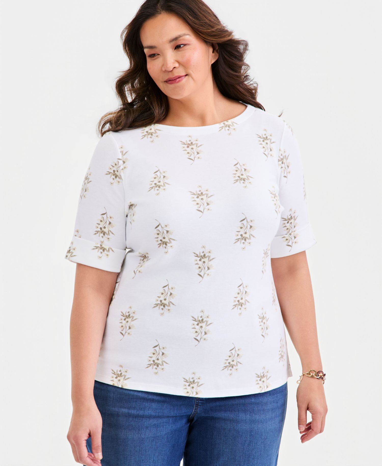Plus Size Printed Boat-Neck Elbow-Sleeve Top