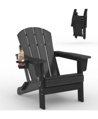 Folding Adirondack Chair, HDPE Outdoor Patio Chair with Cup Holder, All Weather Resistent Wooden Textured for patios, Decks, Gardens, fire Pit