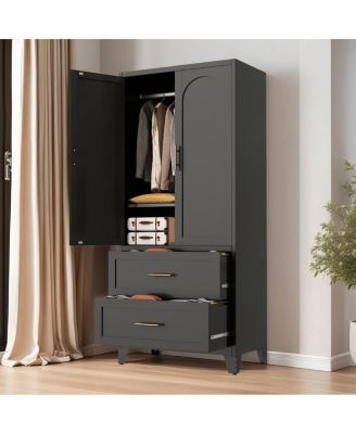 Streamdale 71" Black Metal Wardrobe Cabinet with 2 Drawers, Hanging Rod & Shelf