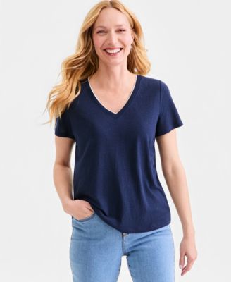 Style & Co - Women's Linen Blend V-Neck Short-Sleeve Top Industrial Blue