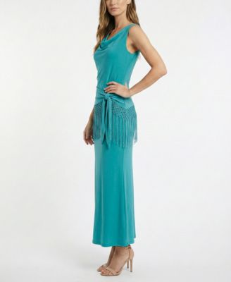 Women's Fringe Detail Peplum Cowl Neck Fit & Flare Dress