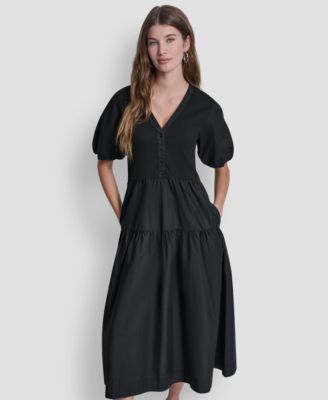 Women's Rib Henley Puff-Sleeve Midi Dress