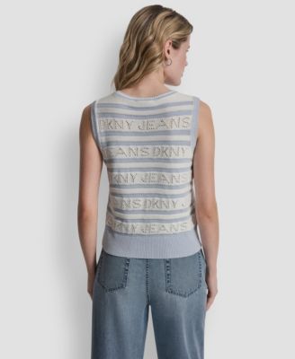 Women's Sleeveless Logo Pointelle Striped Sweater