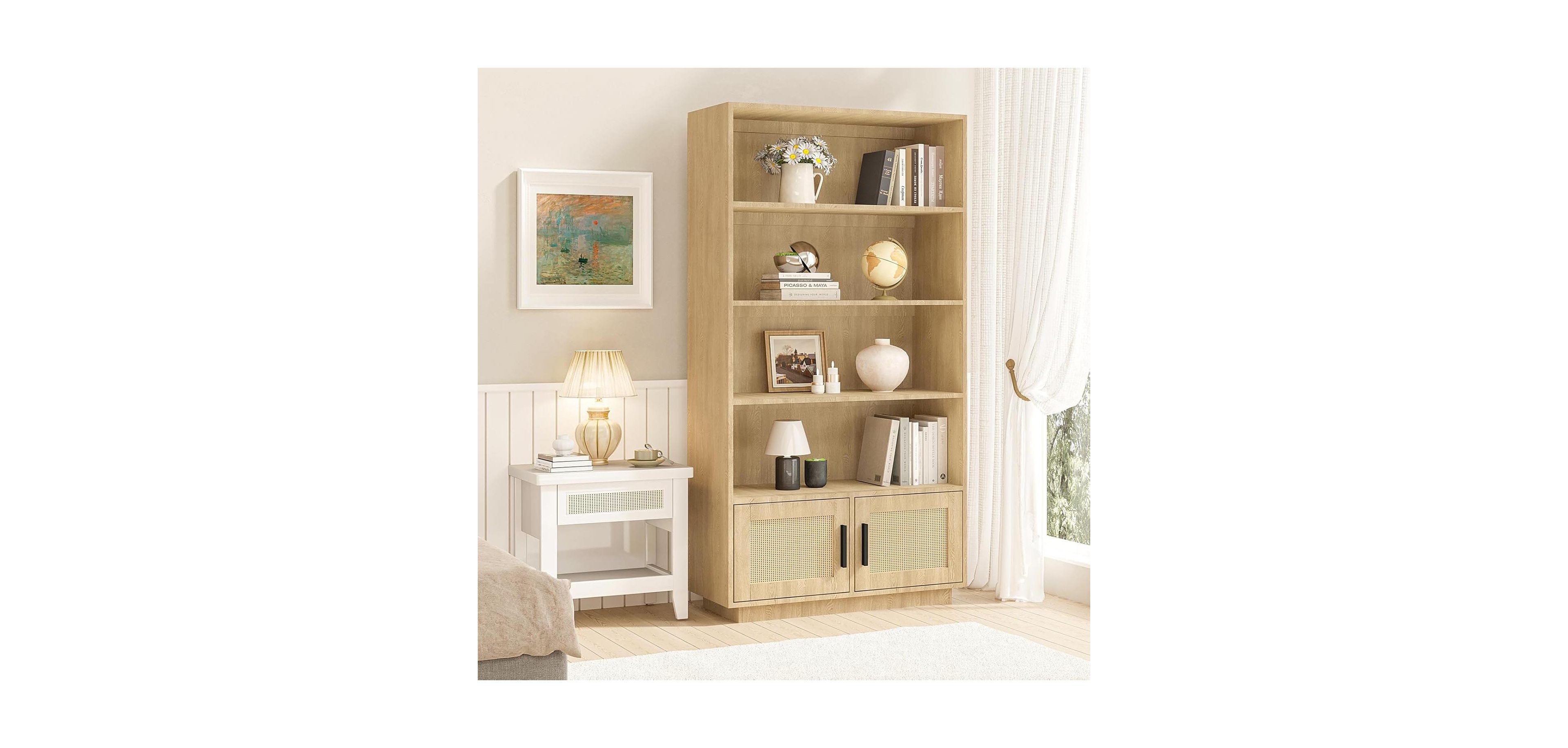 gaomon 5-Tier Boho Bookshelf – Wooden Bookcase with Rattan Doors, Tall Storage Book Stand for Living Room, Bedroom, Home Office, or Kitchen
