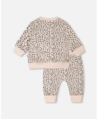 Baby Girls Peach Animal Print Cotton Jersey Sweater and Pants Set