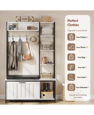 Hall Tree Coat Rack - Flip-top Shoe Cabinet, 5 Storage Compartments, Cushioned Bench, 4 Hooks for Entryway, Hallway