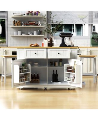  48" Kitchen Island w/ 2 Stools, Power Outlet, Storage, Drop Leaf, 5 Wheels
