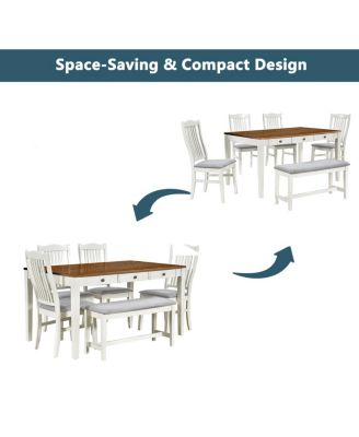 Mid-Century 6-Piece Wood Dining Set with Drawer, Chairs & Bench