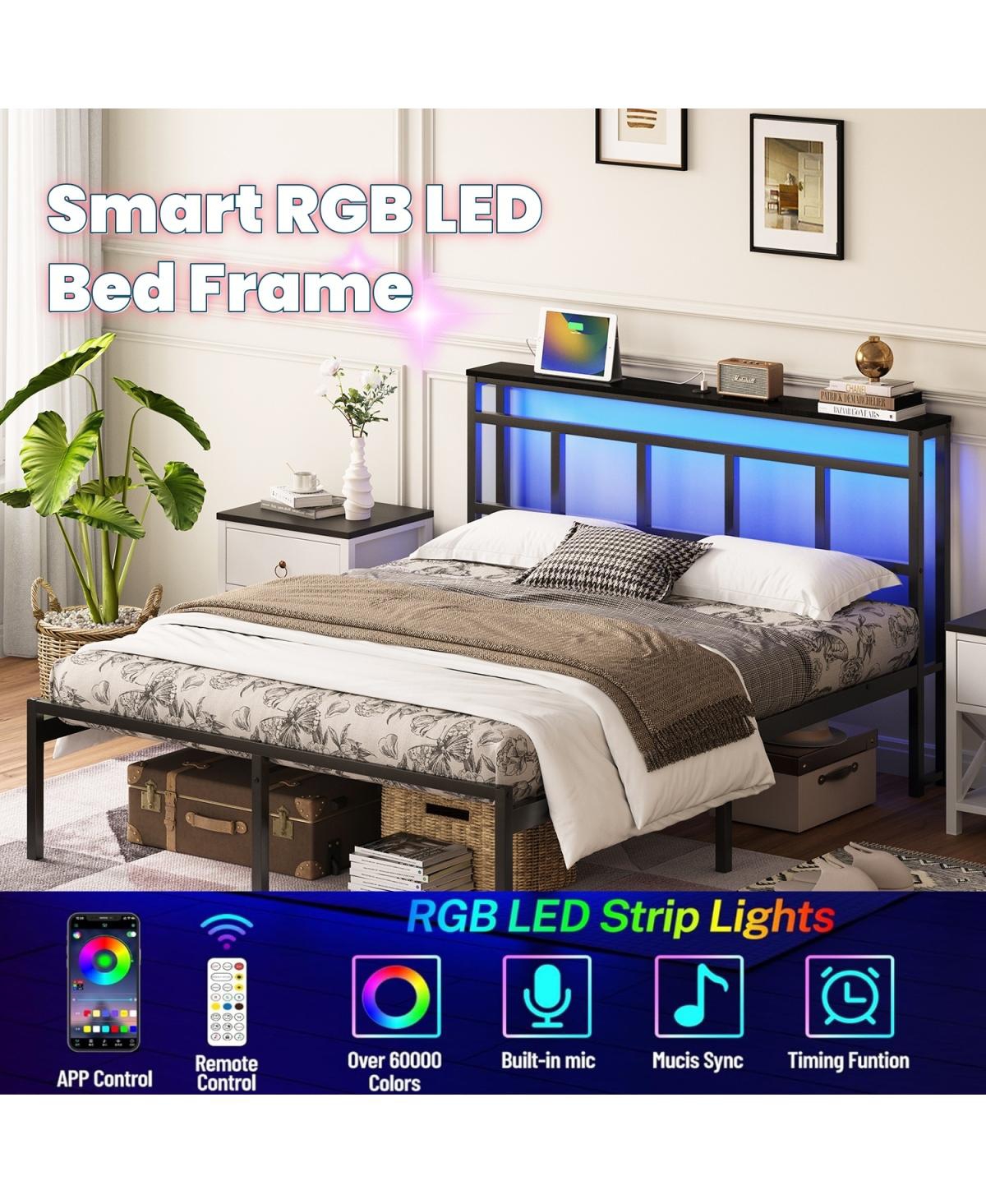 Streamdale Furniture Streamdale 14" Queen Bed Frame w/ Storage Headboard, Usb-c, Led Light