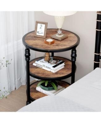 End Table 3-Tier Round Side Table Living Room Accent Table with Storage Shelf and Metal Industrial Wood Bed Side Table/Night Stand