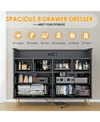  Dresser for Bedroom with LED Light & Charging Station, 8 Drawers Wooden Dressers with Open Space, Modern Chest of Wide Drawers