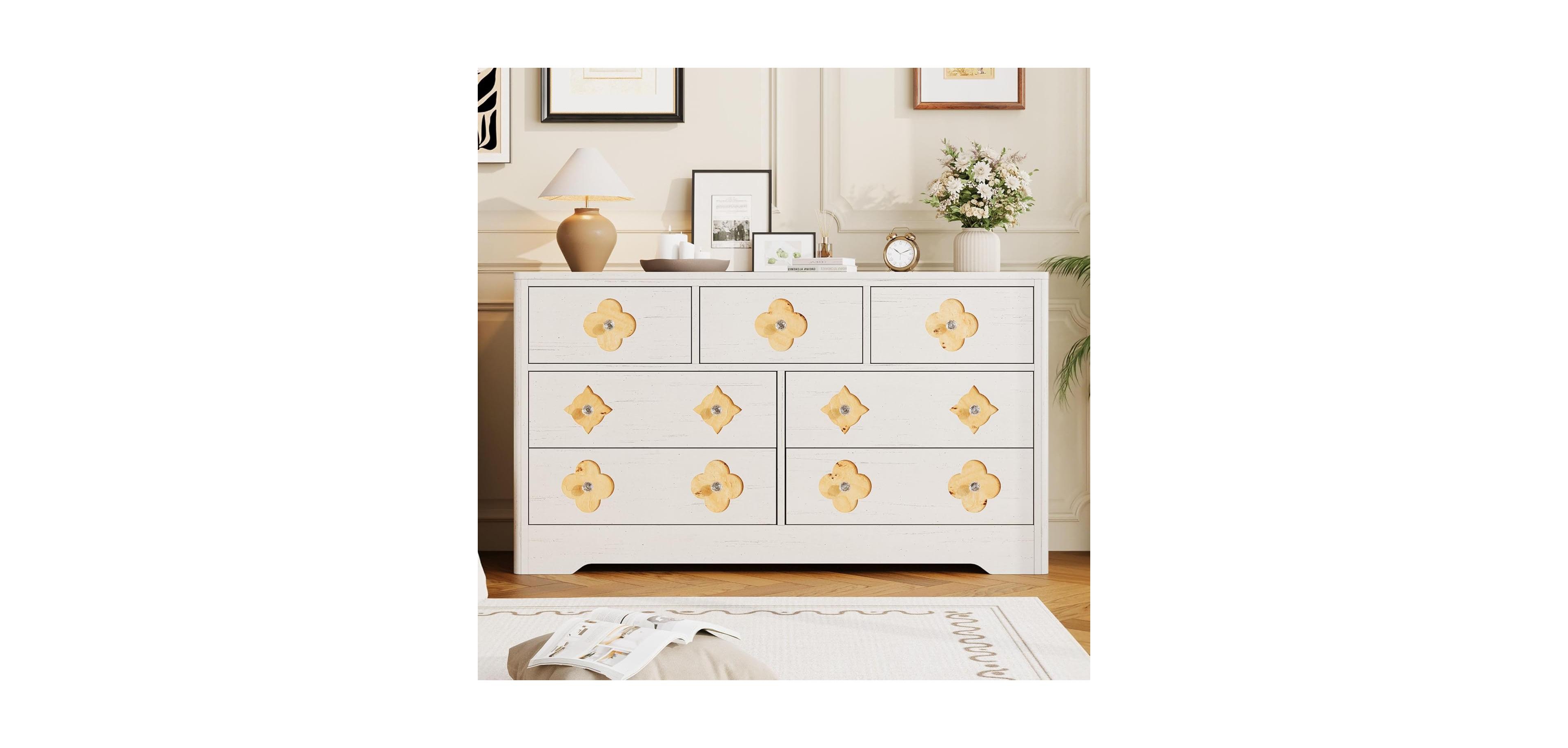 gaomon 7 Drawer Wide Dresser, Decorative Wooden Storage Chest for Bedroom, Living Room, Hallway