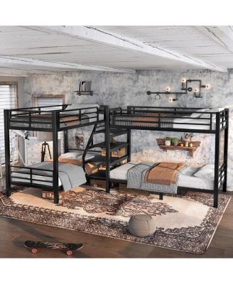 Twin L-Shaped Metal Bunk Bed with Storage Shelves & Guardrail