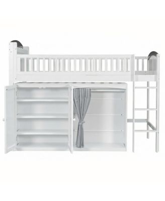 Loft Bed with Storage Cabinet, Wardrobe and LED, White and Espresso