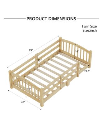  Twin Montessori Floor Bed with Slats, Guardrails, and Fence