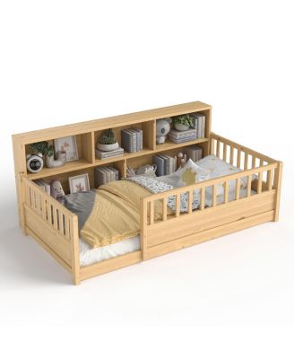 Wood Floor Bed with Fence Guardrail & Side Storage