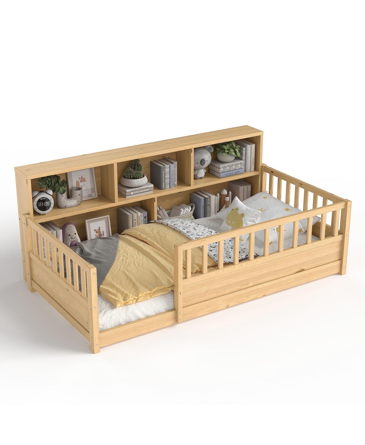 Streamdale Furniture Wood Floor Bed with Fence Guardrail & Side Storage