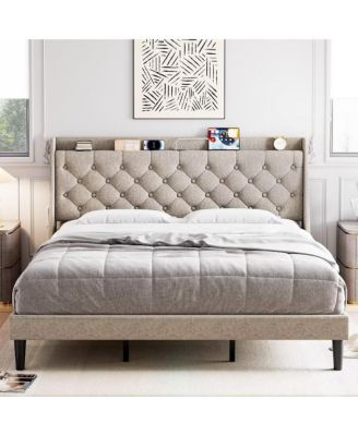 Size Bed Frame with Upholstered Wingback Headboard, Luxurious Linen Upholstery Platform Bed with Charging Station, Button Tufted Design
