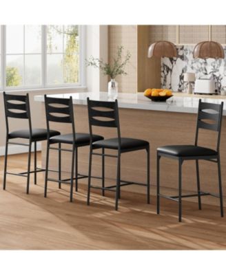 Bar Stools Set of 4 Barstools Faux Leather Upholstered Bar Chair Wooden with Back and Footrest and Thick Cushion Counter Height Bar Stools