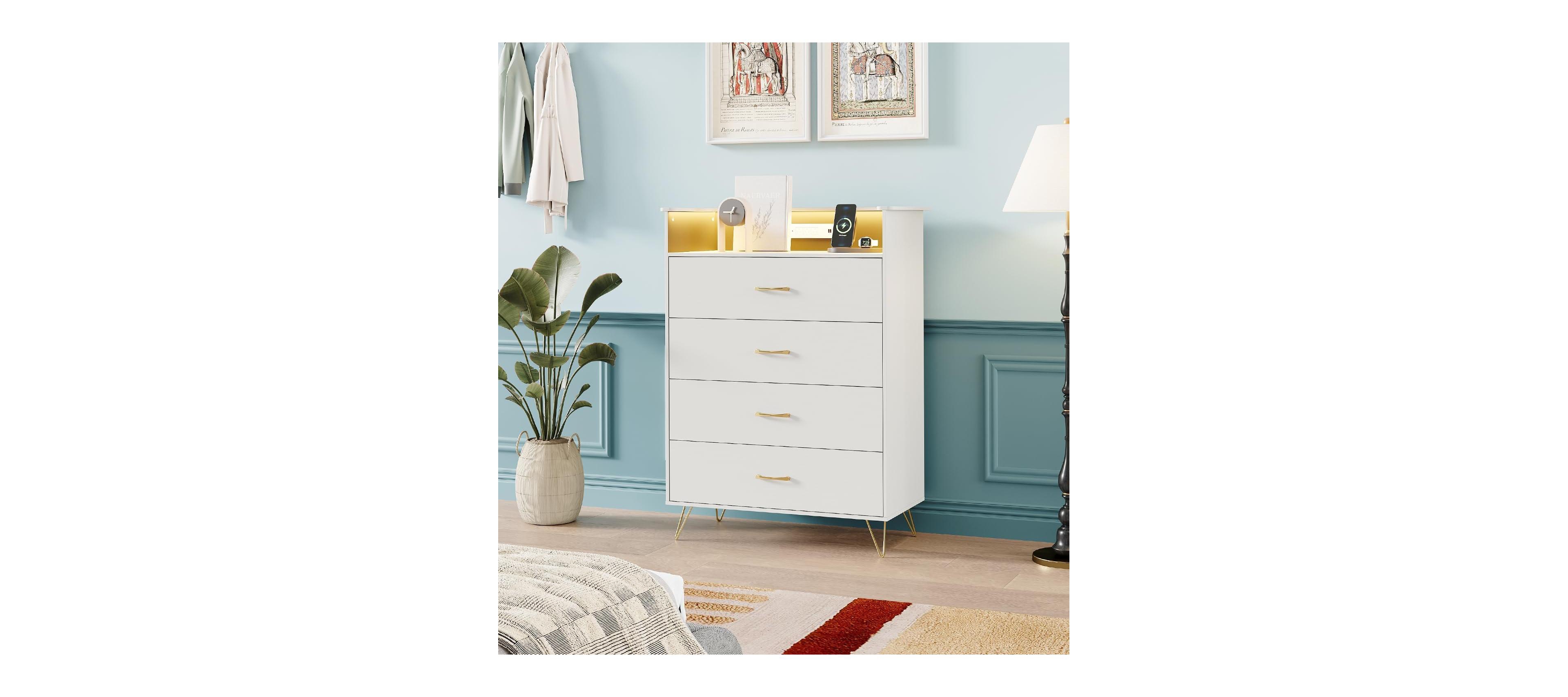 gaomon Tall 4-Drawer Dresser with Rgb Lights & Charging Station, App Controlled Music Sync Led Dresser, Large Capacity Wooden Chest of Drawers