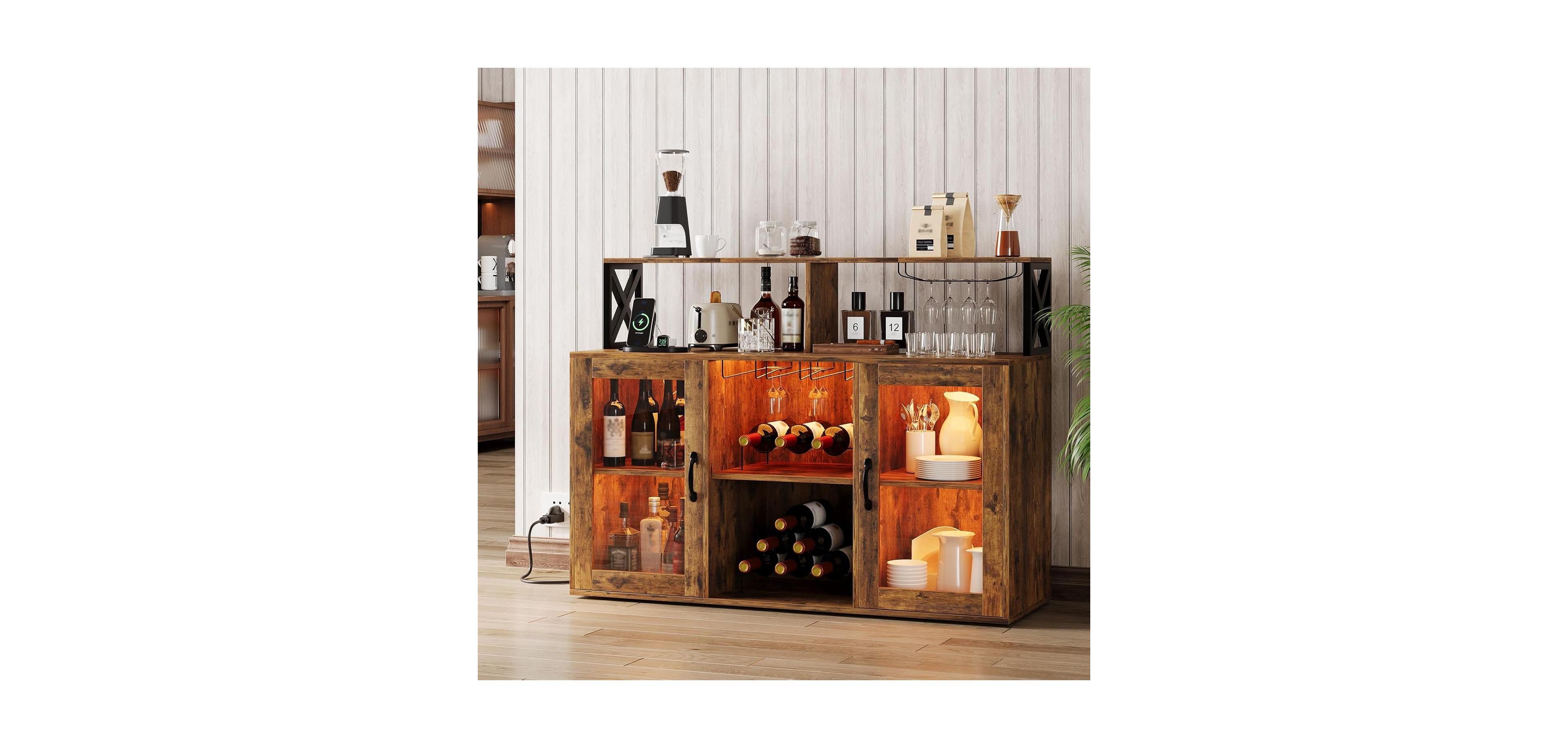 gaomon Wine Bar Liquor Cabinet with Led Lights Wine Glass Holder & Rack Kitchen Coffee Bar Cabinet Sideboard Cabinet Bars with Storage
