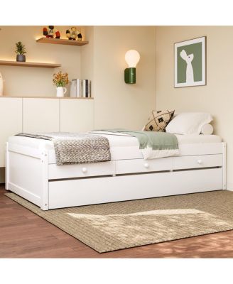 Twin Platform Bed with Trundle and 2 Drawers, Solid Wood