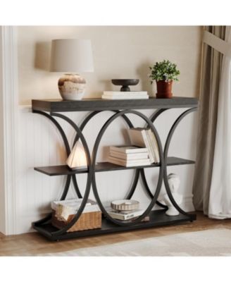 39 Narrow Console Tables for Entryway, Industrial 3-Tier Sofa Table with Round Metal Base and Storage Shelves for Living Room, Hallway, Foyer