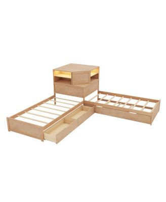  L-Shaped Twin Bed Frame w/ Trundle, Drawer, Desk & LED
